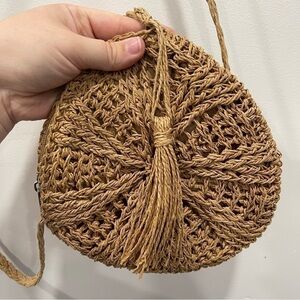 Tan Raffia Circle Tassel Crossbody Bag